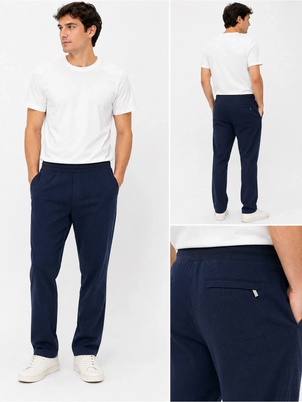 Perry Ellis Men’s Navy Pinstripe Pull-On Dress Pants | Elastic Waist